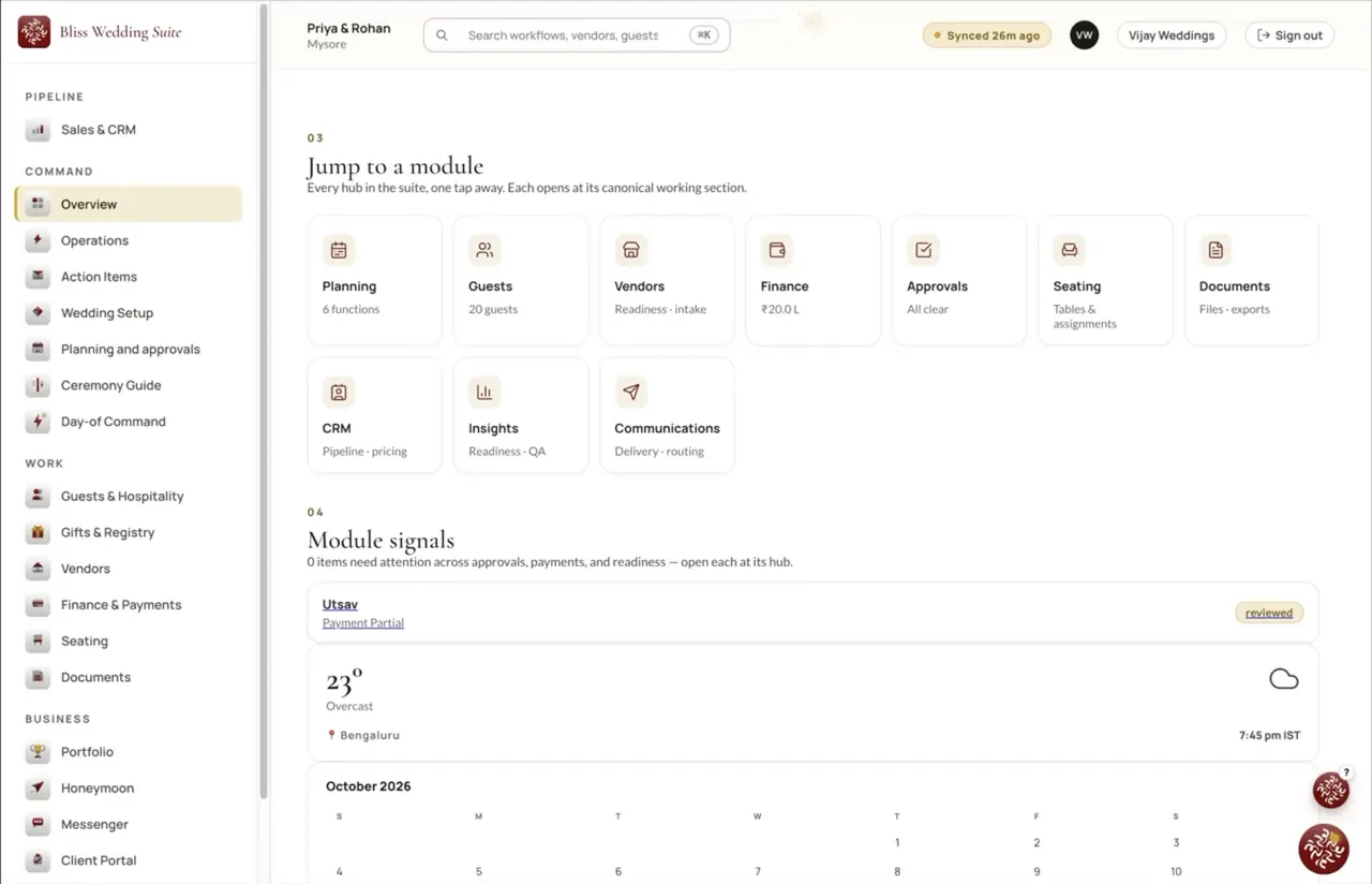 The Bliss workspace: a wedding dashboard with modules for planning, guests, vendors, finance, approvals, seating and documents.
